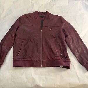 True Religion Mens Burgundy Lamb‎ Leather Bomber Moto Jacket Full Zip Logo 2XL